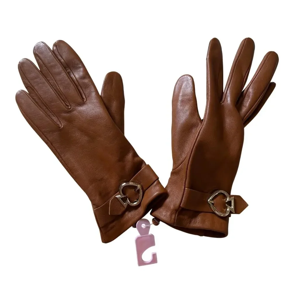 NWOT Kate Spade Brown 100% Lamb Leather Gloves Sz S